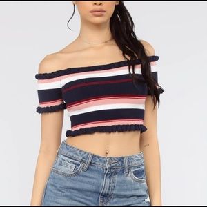 fashion nova striped off shoulder crop top